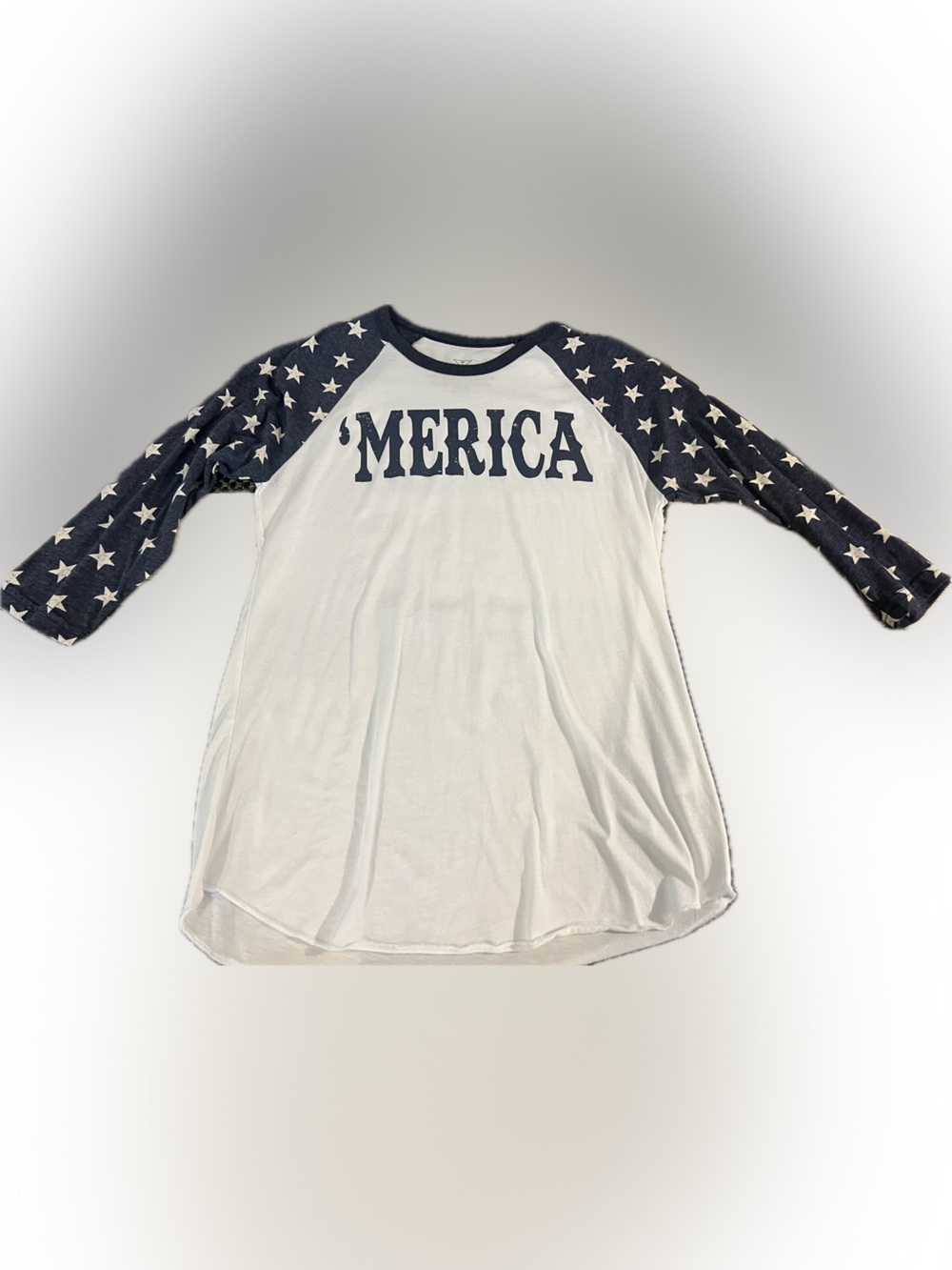 Crazy Train White Tee with Navy Trim and Graphic Chest Print
